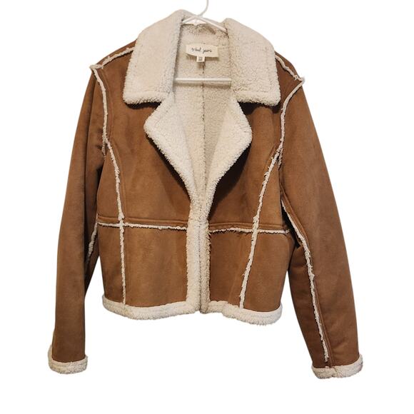 Tribal Jeans Sherpa Coat, Faux Suede Leather, fuzzy interior jacket, sz XL - Picture 1 of 14